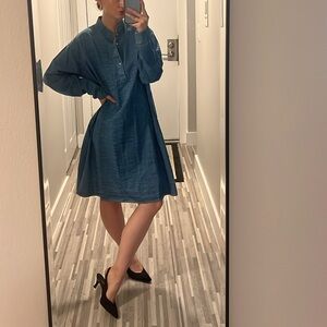 Vintage v-neck pearl button denim tunic skirt dress